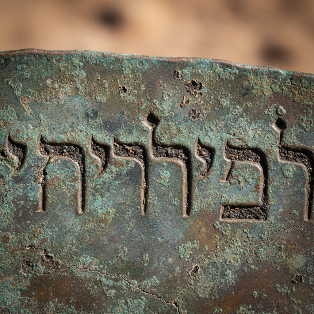 Graded still from the Dead Sea Copper Scroll episode: macro detail of an inscribed copper scroll